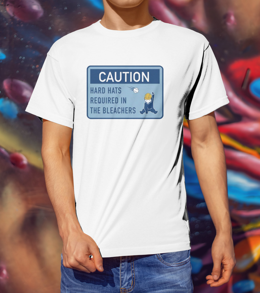 Caution: Hard Hats Required In The Bleachers With Cartoon Worker And Falling Object T-Shirt