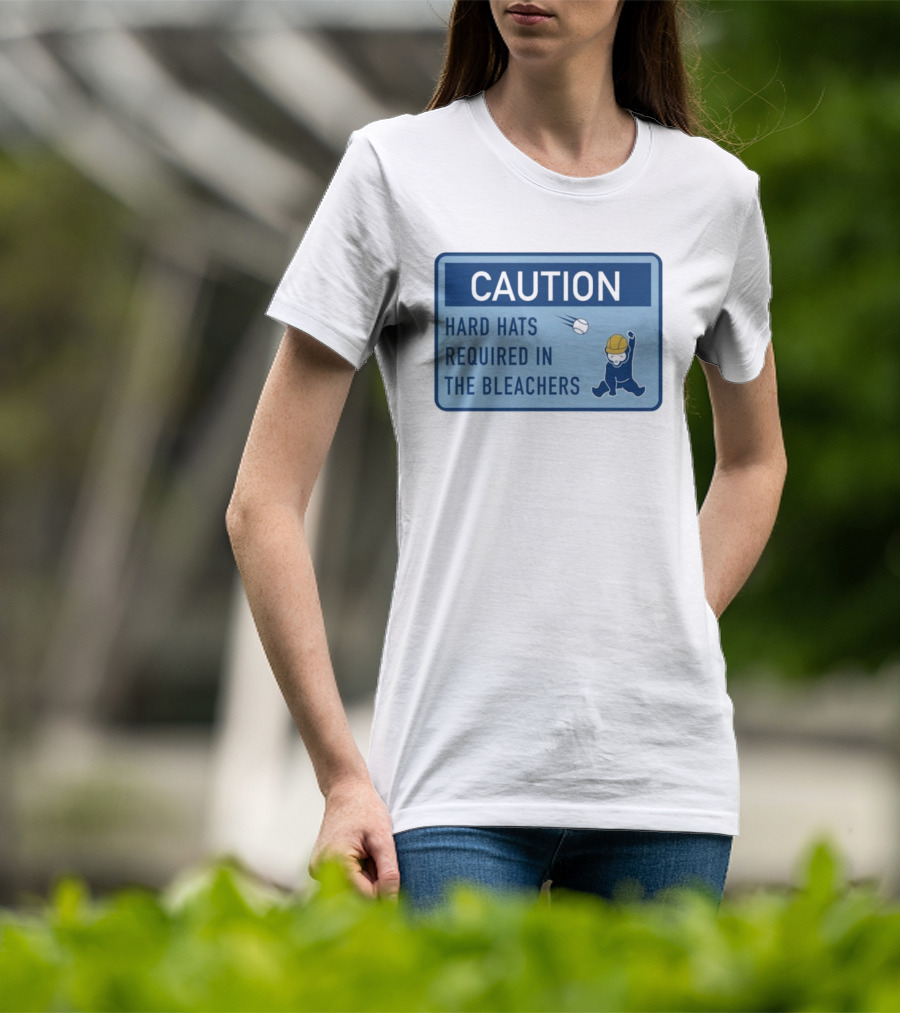 Caution: Hard Hats Required In The Bleachers With Cartoon Worker And Falling Object T-Shirt