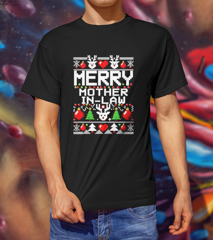 Merry Mother In-Law Christmas Sweater Reindeer Hearts Trees Ornaments T-Shirt