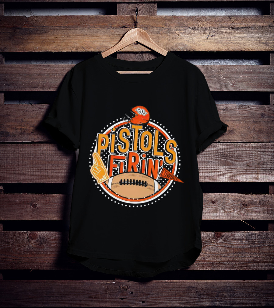 Pistols Firing OSU Cowboys Football Helmet And Foam Finger T-Shirt