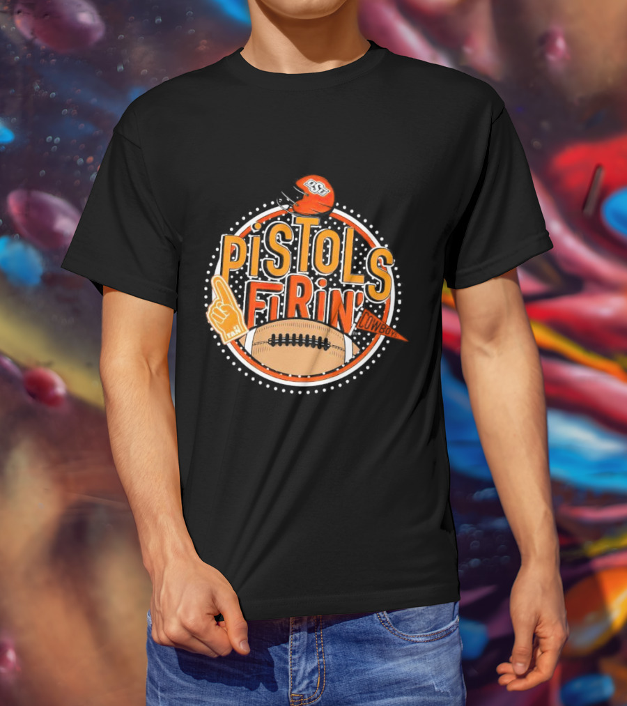 Pistols Firing OSU Cowboys Football Helmet And Foam Finger T-Shirt