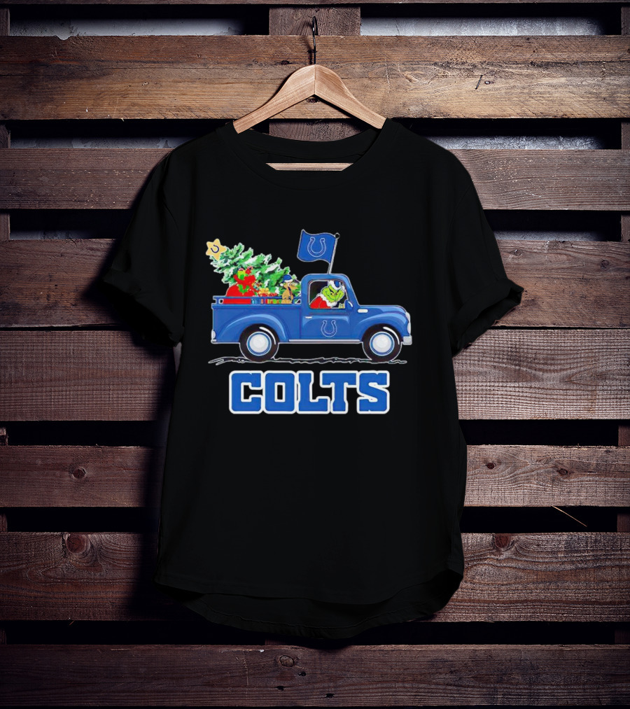 Grinch Driving Christmas Truck With Indianapolis Colts Logo And Tree T-Shirt