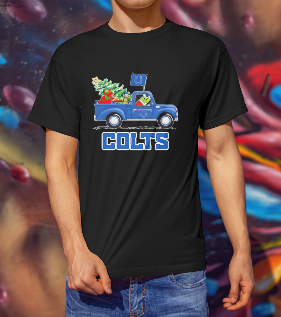 Grinch Driving Christmas Truck With Indianapolis Colts Logo And Tree T-Shirt