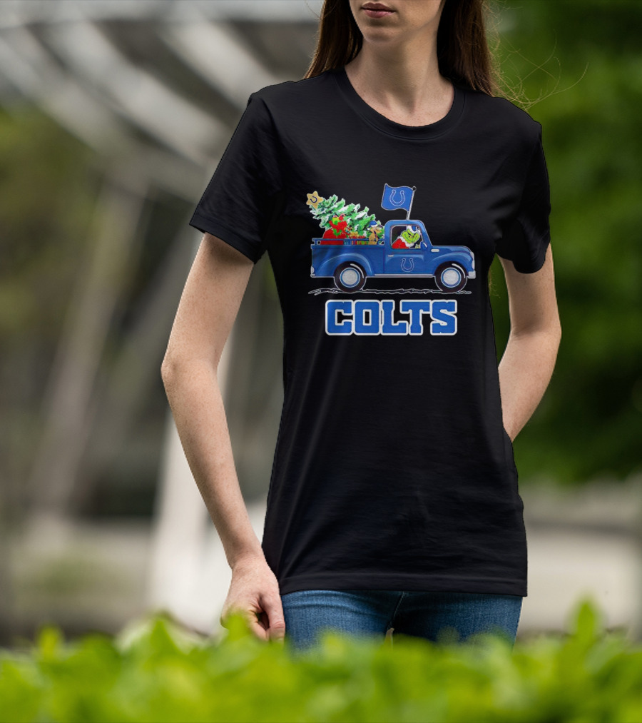 Grinch Driving Christmas Truck With Indianapolis Colts Logo And Tree T-Shirt