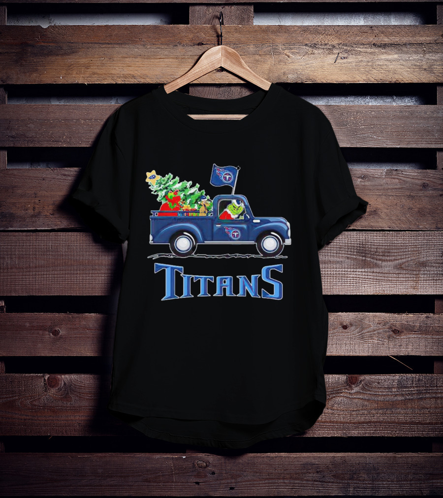 Grinch Driving Christmas Tree Truck Tennessee Titans Holiday Spirit T-Shirt