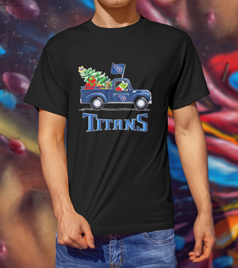 Grinch Driving Christmas Tree Truck Tennessee Titans Holiday Spirit T-Shirt