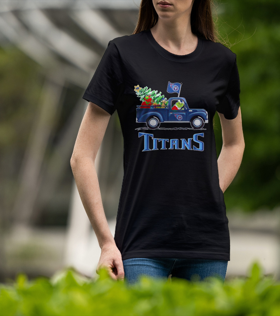 Grinch Driving Christmas Tree Truck Tennessee Titans Holiday Spirit T-Shirt
