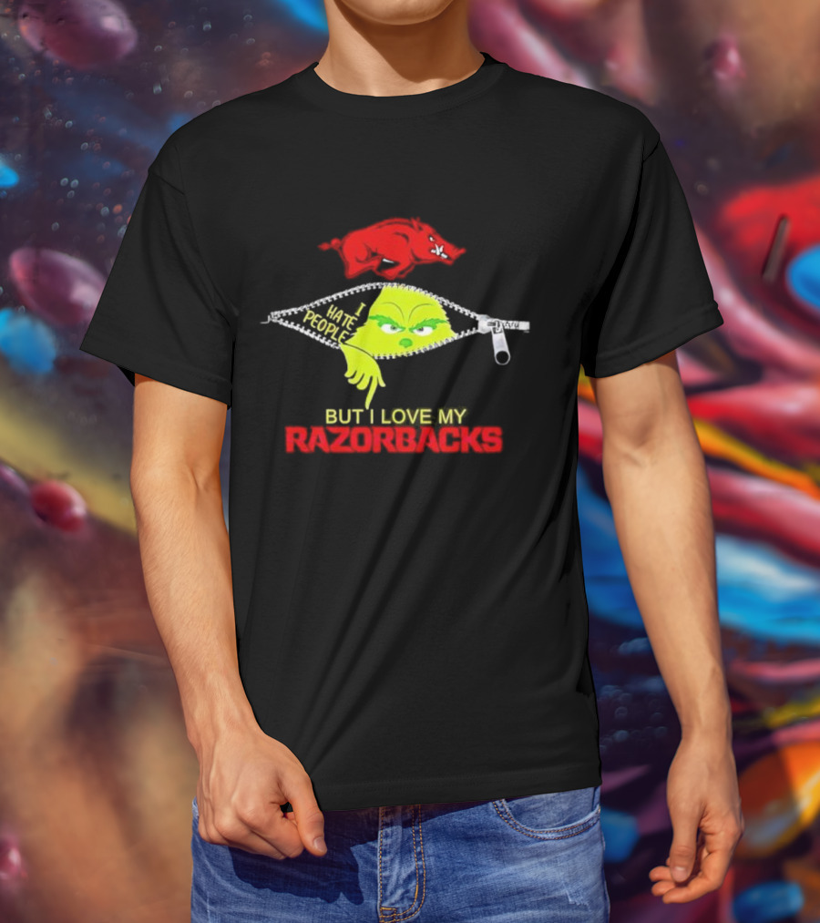 Grinch Zipper I Hate People But I Love My Razorbacks Arkansas Razorbacks T-Shirt