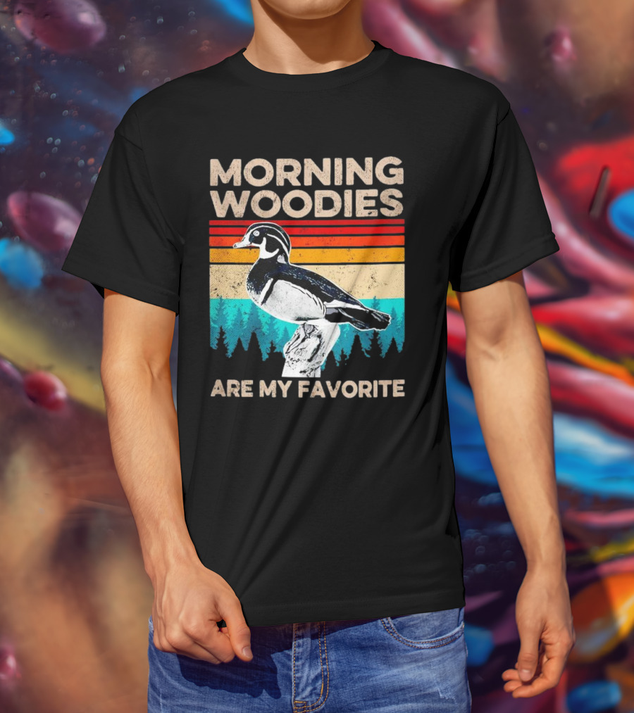 Morning Woodies Are My Favorite Vintage Duck Silhouette Retro Stripes Forest Pines T-Shirt