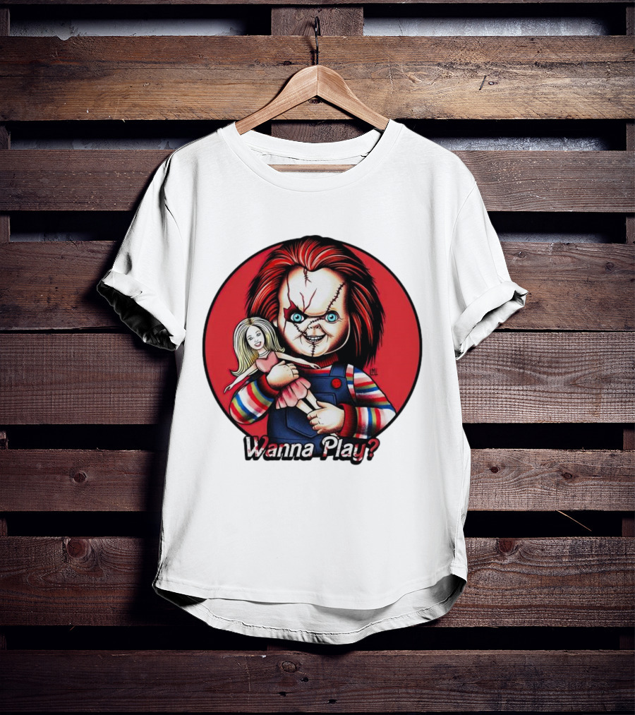 Chucky Holding Doll With Wanna Play? Text In Red Circle T-Shirt