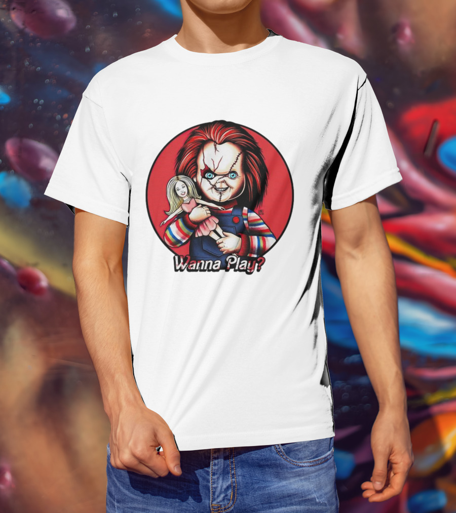 Chucky Holding Doll With Wanna Play? Text In Red Circle T-Shirt