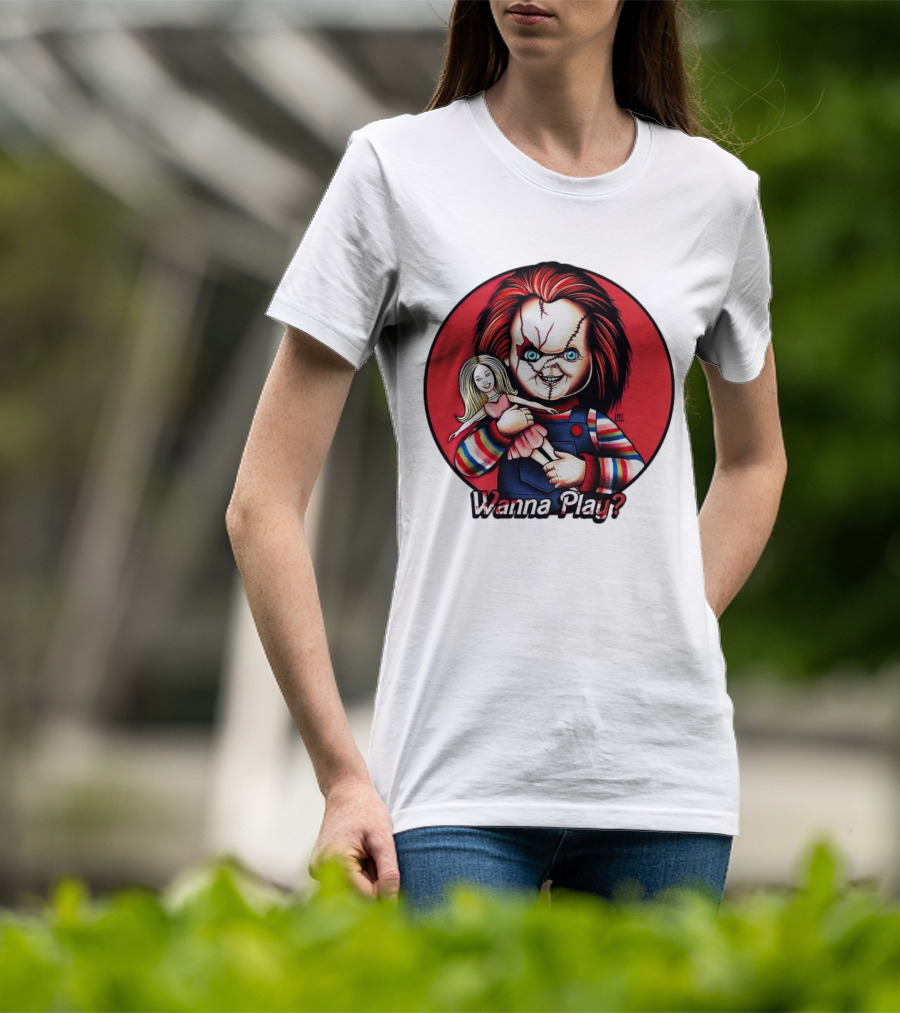 Chucky Holding Doll With Wanna Play? Text In Red Circle T-Shirt