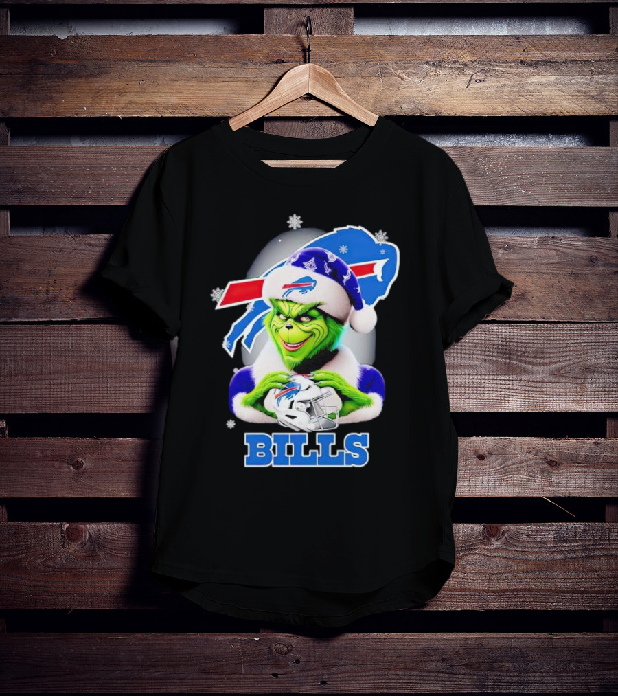 Grinch Love Buffalo Bills Christmas Santa Hat Snowflakes T-Shirt