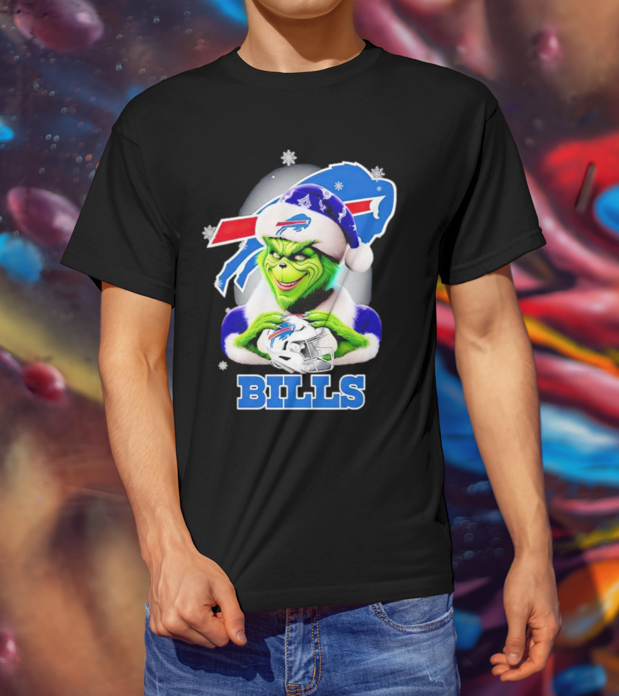 Grinch Love Buffalo Bills Christmas Santa Hat Snowflakes T-Shirt