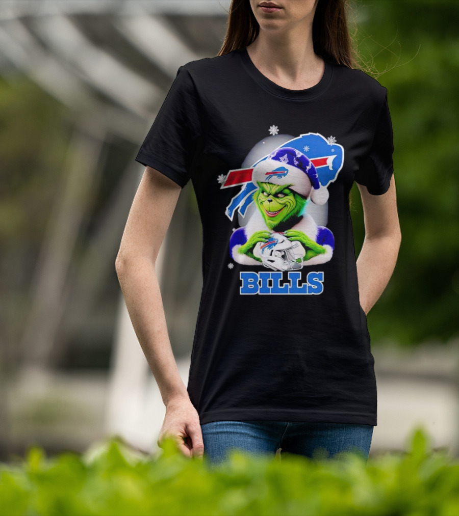 Grinch Love Buffalo Bills Christmas Santa Hat Snowflakes T-Shirt