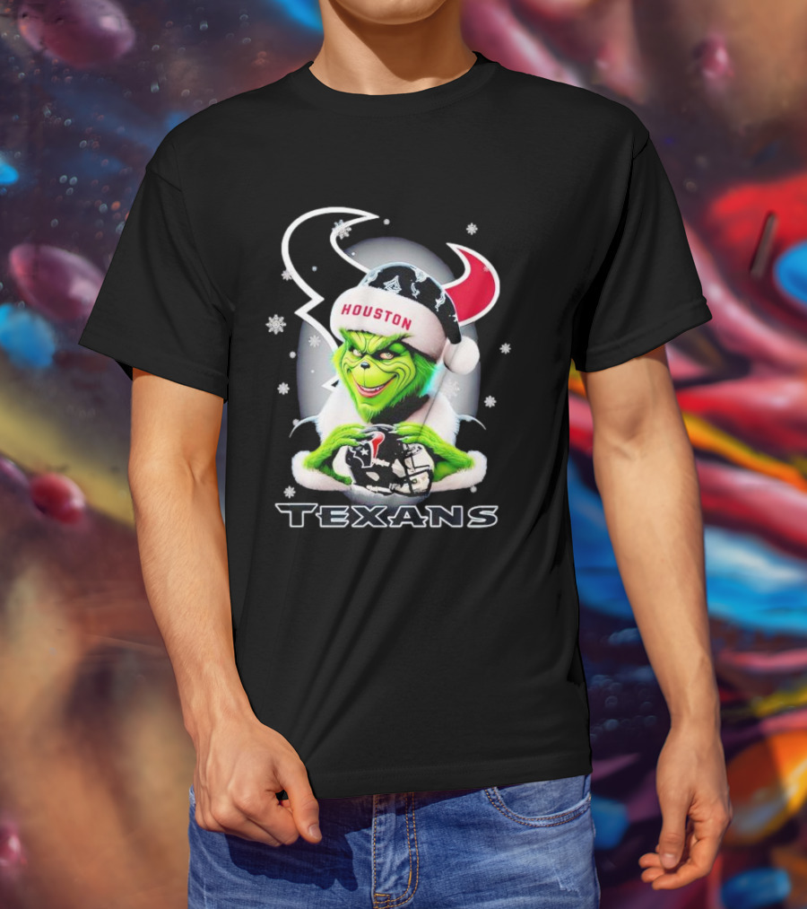 Grinch Houston Texans Christmas Football Holiday Snowflakes T-Shirt