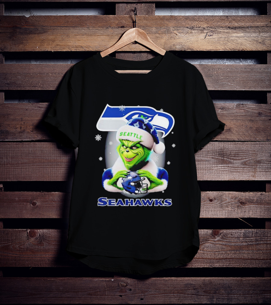 Seattle Seahawks Christmas Grinch Holding Football Helmet T-Shirt