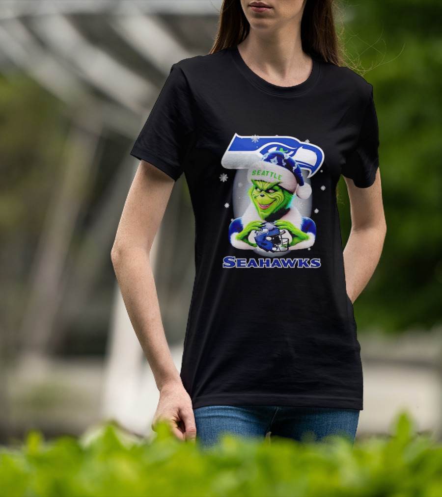 Seattle Seahawks Christmas Grinch Holding Football Helmet T-Shirt