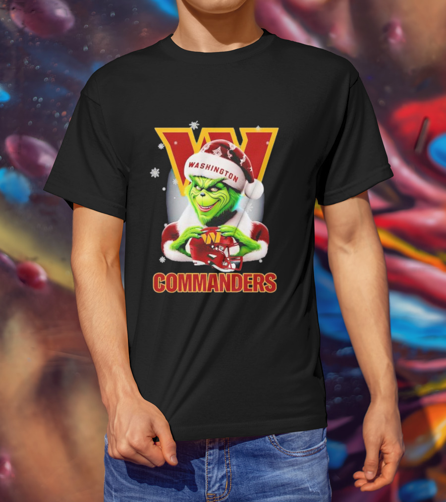 Washington Commanders Christmas Grinch In Santa Hat With Helmet T-Shirt