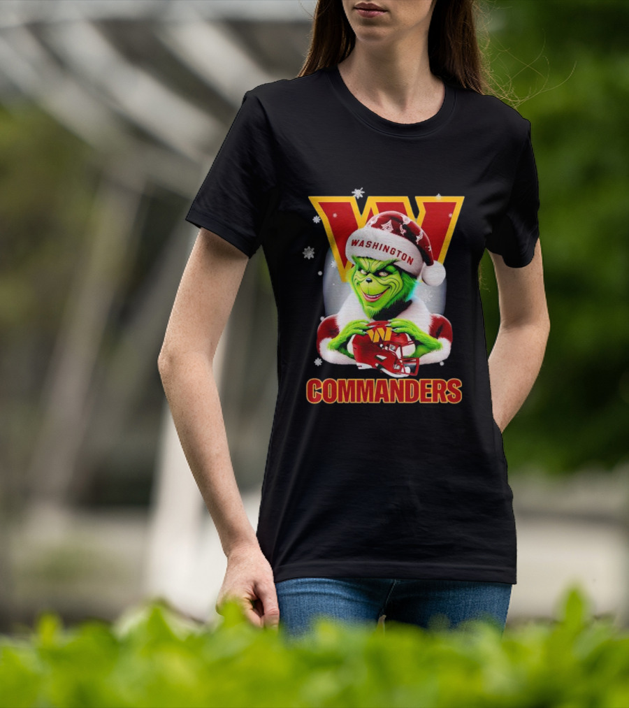 Washington Commanders Christmas Grinch In Santa Hat With Helmet T-Shirt