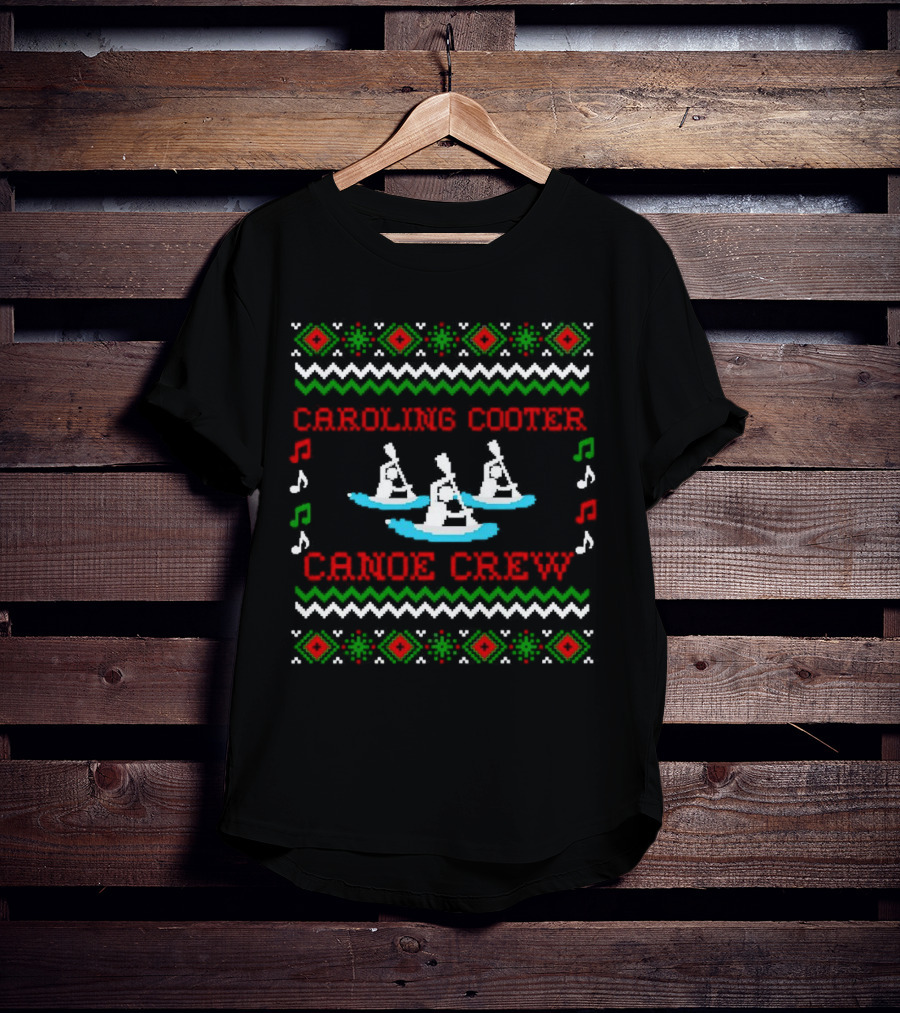 Caroling Cooter Canoe Crew Festive Holiday Pattern With Music Notes And Canoe T-Shirt