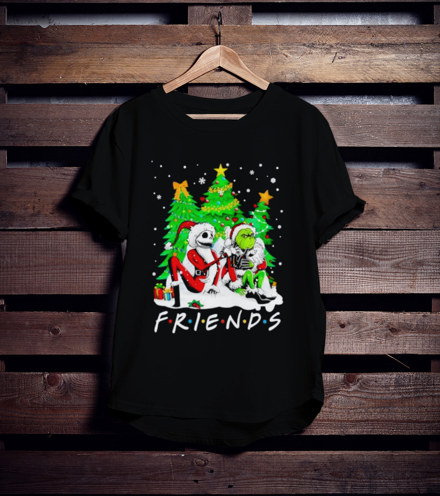 Friends Jack Skellington And Grinch Christmas Scene With Santa Outfits And Christmas Trees T-Shirt