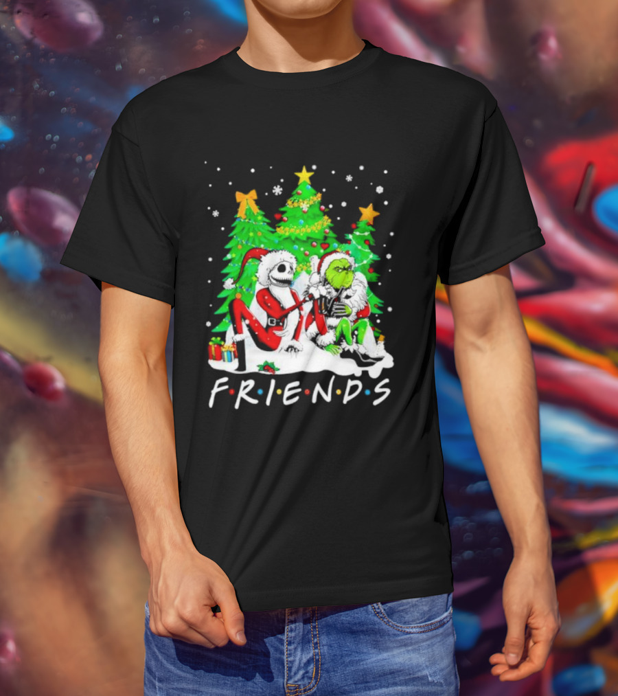 Friends Jack Skellington And Grinch Christmas Scene With Santa Outfits And Christmas Trees T-Shirt
