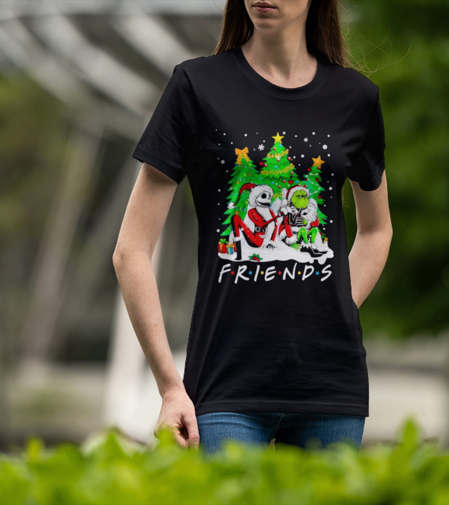Friends Jack Skellington And Grinch Christmas Scene With Santa Outfits And Christmas Trees T-Shirt