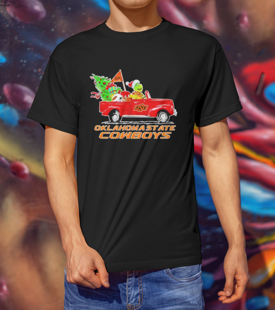 Oklahoma State Cowboys Christmas Grinch And Dog Driving Red OSU Car With Tree And Presents T-Shirt
