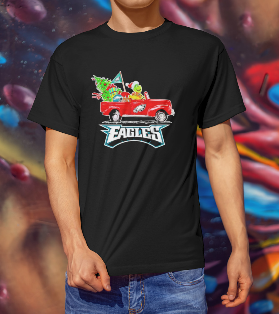 Grinch Dog Driving Red Truck Philadelphia Eagles Christmas Tree T-Shirt