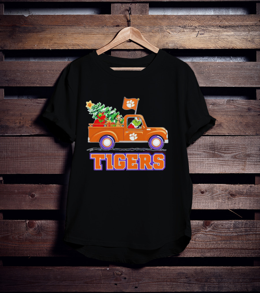 Grinch Driving Orange Christmas Truck With Clemson Tigers Flag And Tree T-Shirt