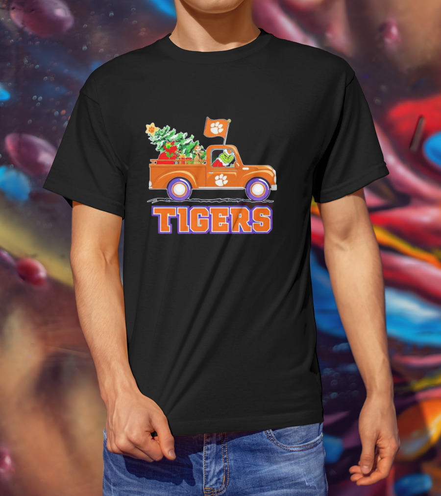 Grinch Driving Orange Christmas Truck With Clemson Tigers Flag And Tree T-Shirt
