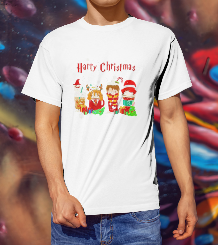 Harry Christmas Chibi Coffee Characters Festive Winter Scene T-Shirt