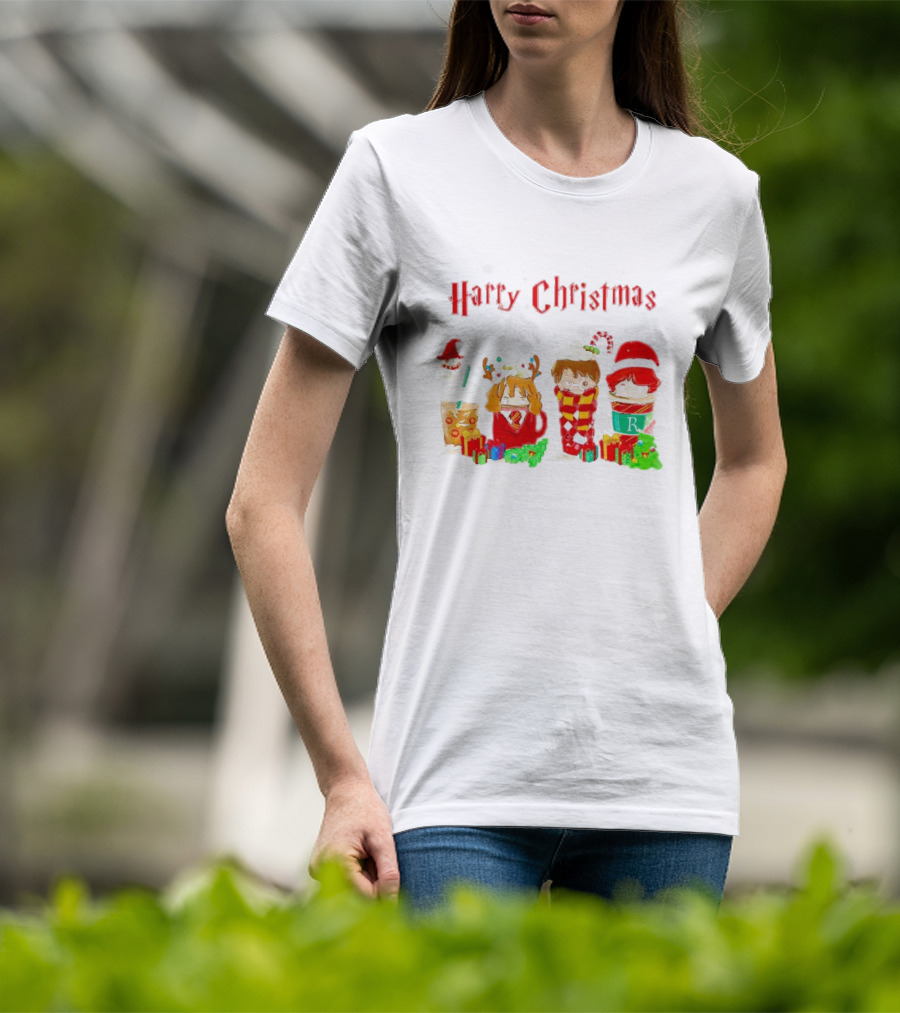 Harry Christmas Chibi Coffee Characters Festive Winter Scene T-Shirt