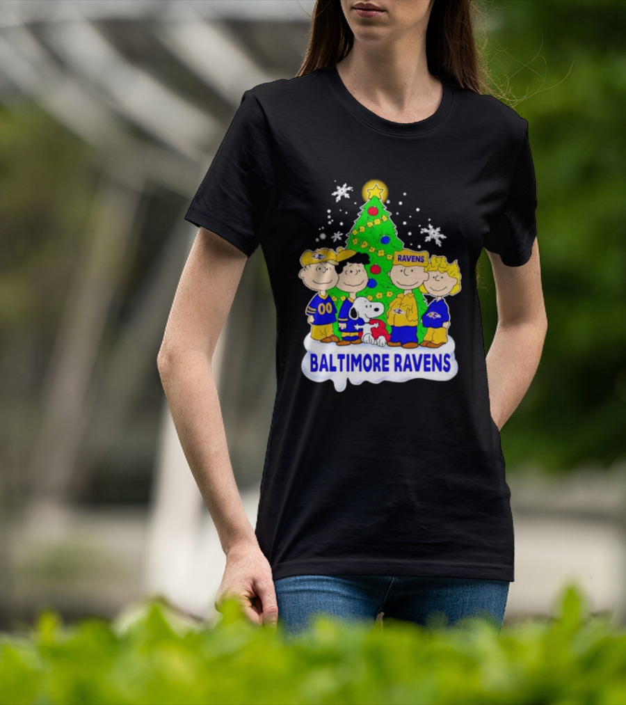 Baltimore Ravens Christmas Tree With Peanuts Characters T-Shirt