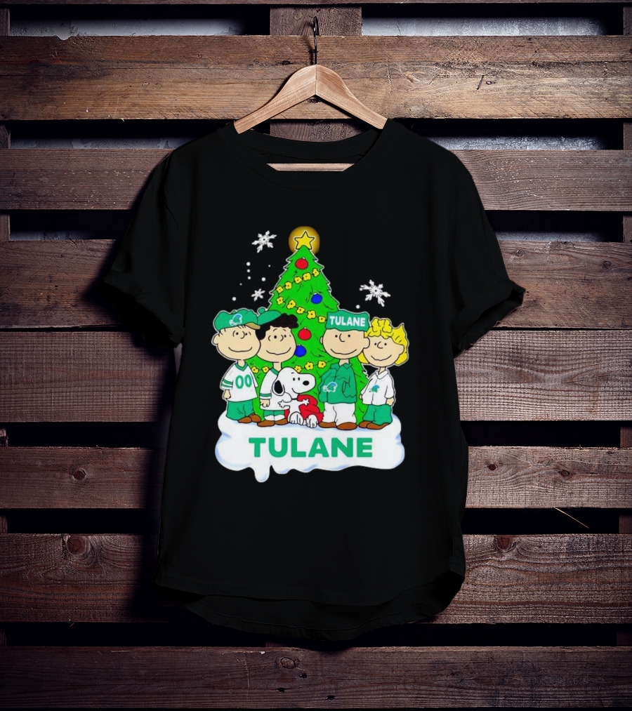 Peanuts Characters Tulane Green Wave Christmas Tree Snoopy Snowflakes T-Shirt