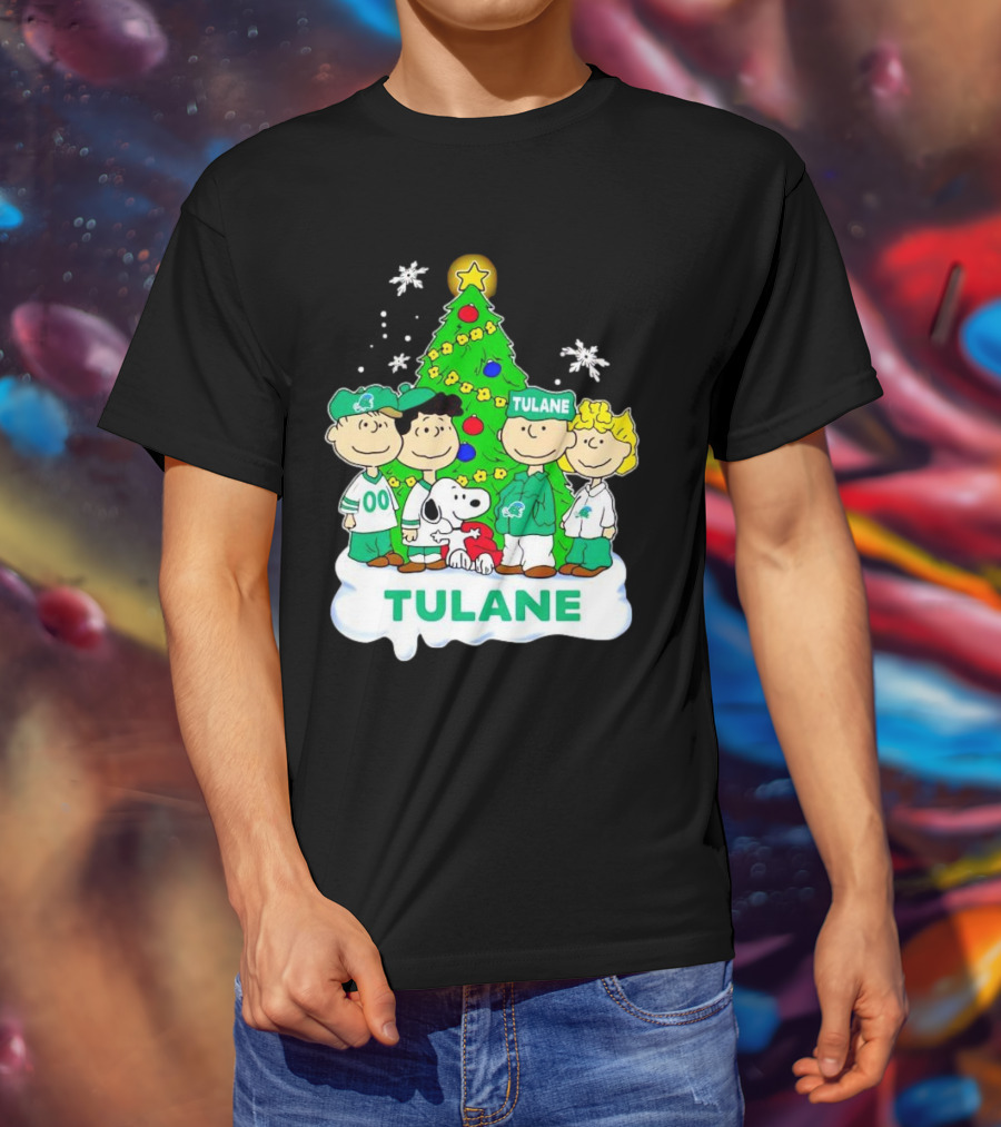 Peanuts Characters Tulane Green Wave Christmas Tree Snoopy Snowflakes T-Shirt