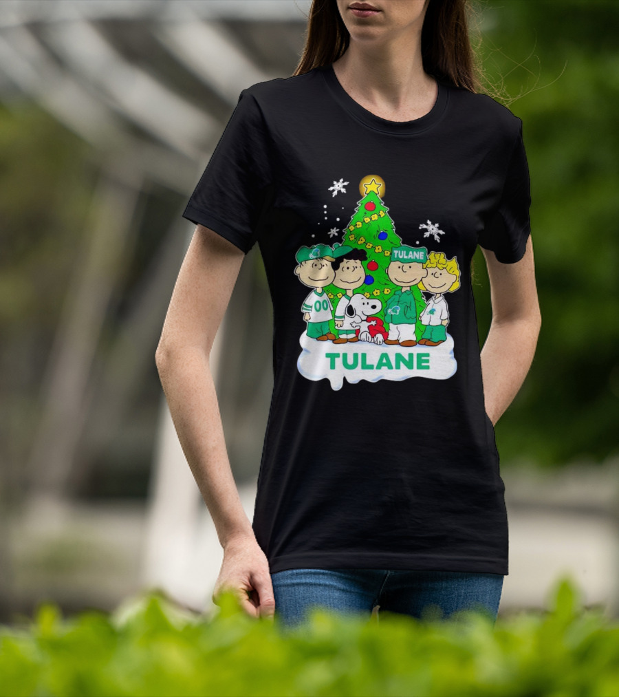 Peanuts Characters Tulane Green Wave Christmas Tree Snoopy Snowflakes T-Shirt