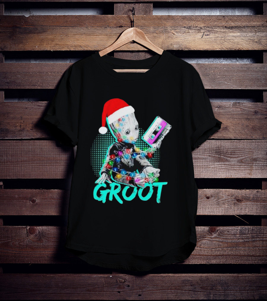 Santa Baby Groot With Cassette Tape And Holiday Lights T-Shirt