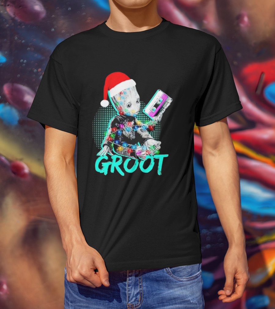 Santa Baby Groot With Cassette Tape And Holiday Lights T-Shirt