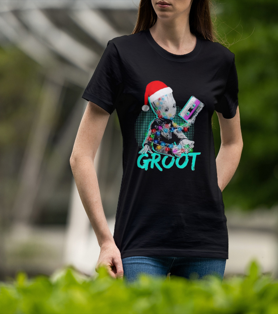 Santa Baby Groot With Cassette Tape And Holiday Lights T-Shirt