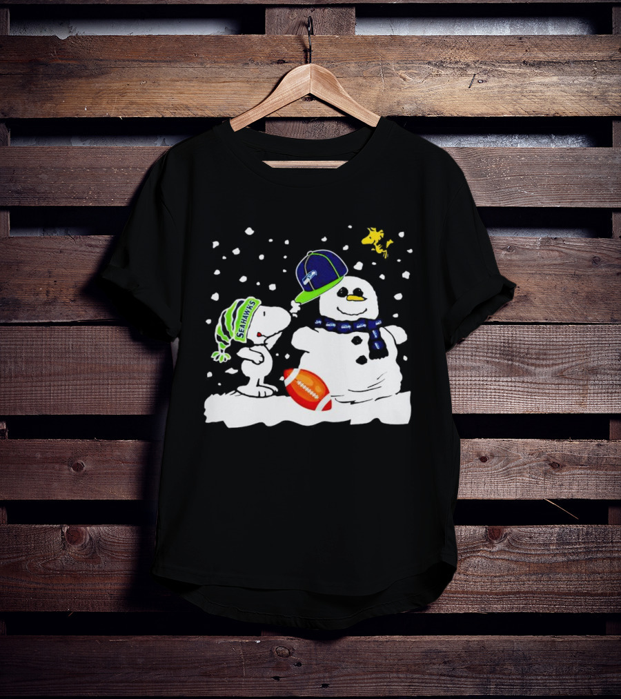 Seattle Seahawks Snoopy Snowman Hat Winter Football Scene T-Shirt