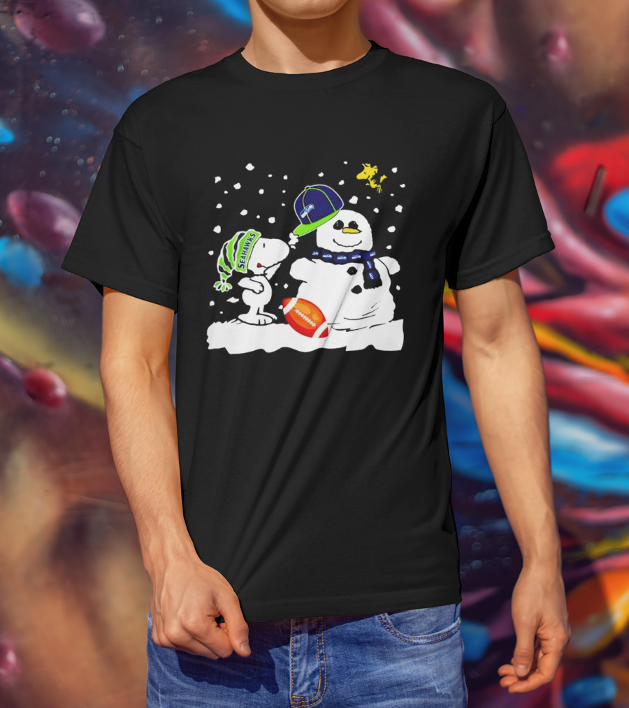 Seattle Seahawks Snoopy Snowman Hat Winter Football Scene T-Shirt