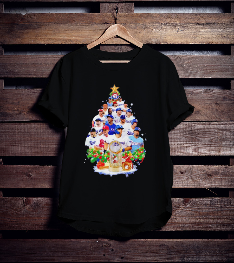 Texas Rangers Players Christmas Tree With Trophy And Ornaments T-Shirt