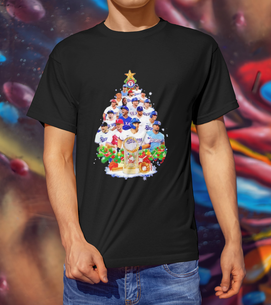Texas Rangers Players Christmas Tree With Trophy And Ornaments T-Shirt