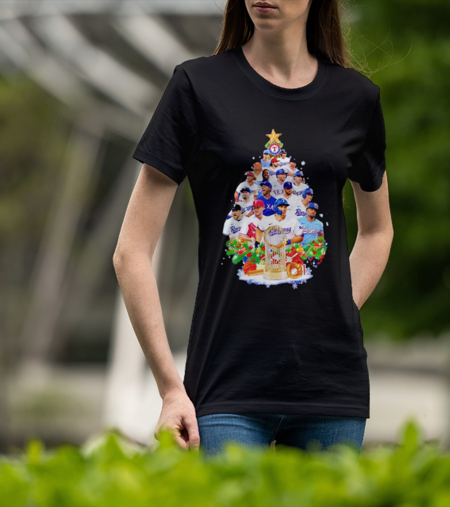 Texas Rangers Players Christmas Tree With Trophy And Ornaments T-Shirt