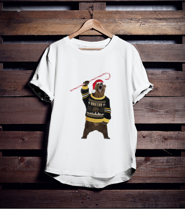 Boston Bear Christmas Holiday Sweater Santa Hat Candy Cane T-Shirt