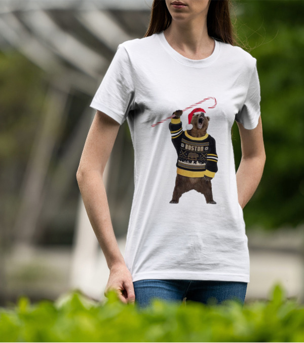 Boston Bear Christmas Holiday Sweater Santa Hat Candy Cane T-Shirt