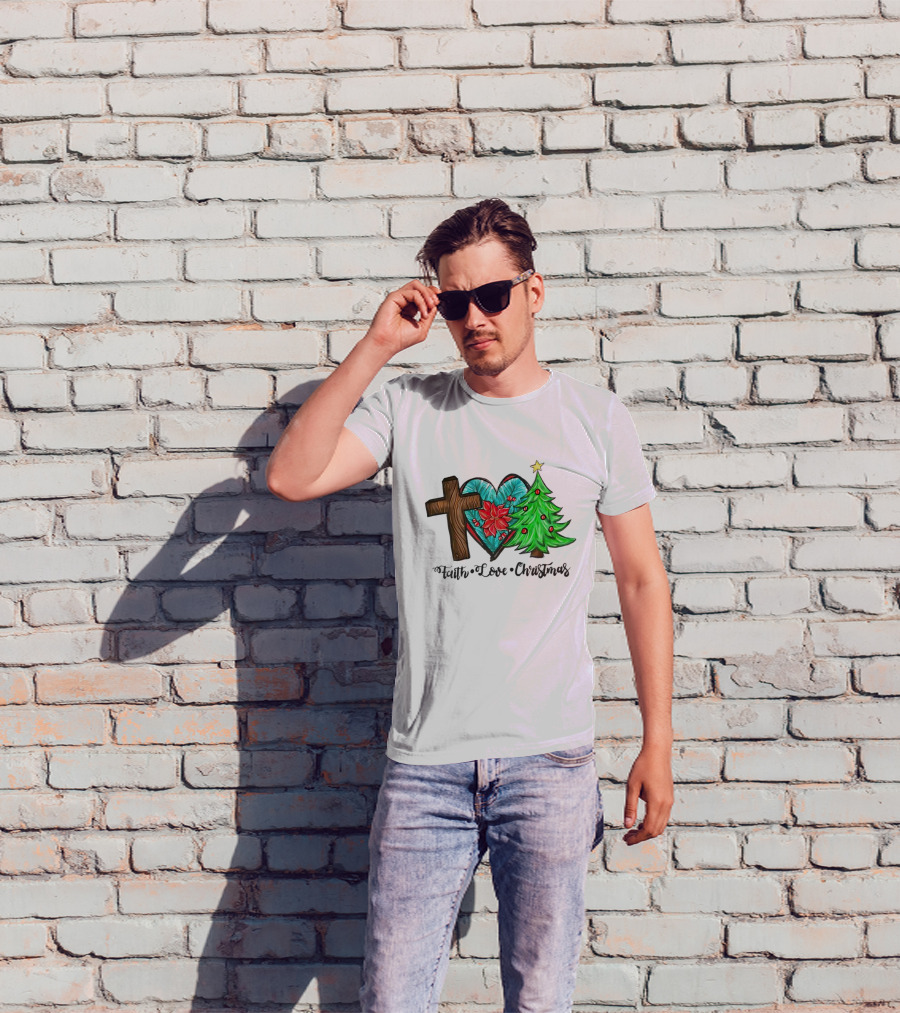 Faith Love Christmas Cross Poinsettia Tree T-Shirt