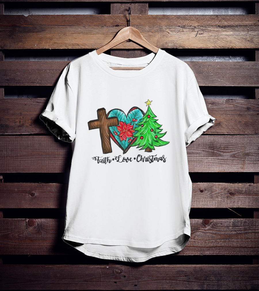 Faith Love Christmas Cross Poinsettia Tree T-Shirt